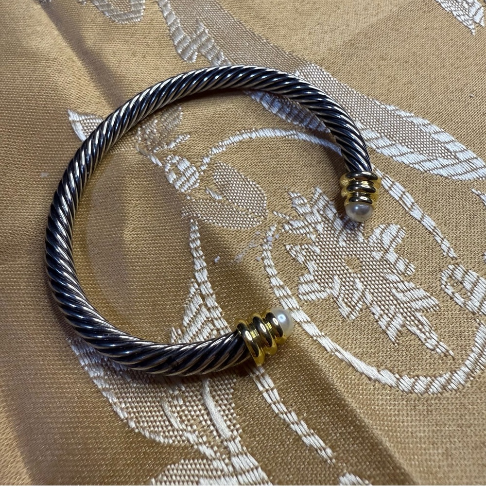 Twisted Cable Two-Tone Cuff Bracelet with Pearl Accents